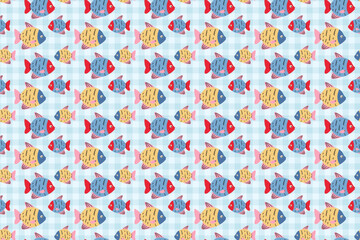 Seamless colorful fish pattern with swatch template in swatches panel, cute yellow blue marine vector design on light gingham background