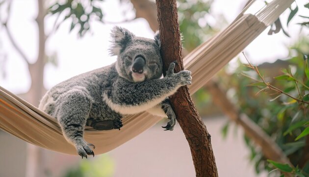 Cute koala sleeping soundly in a comfortable hammock outdoors. This adorable marsupial looks completely relaxed and peaceful in its cozy resting spot.