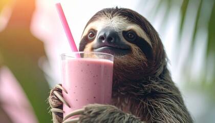 A cheerful sloth enjoys a refreshing pink smoothie with a straw in a tropical setting. This funny and relaxed scene evokes feelings of summer, vacation, and simple pleasures.