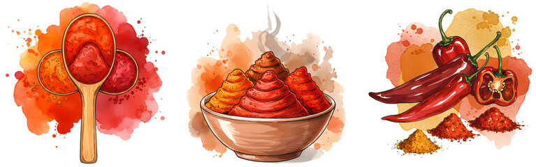 Three watercolor style images of chili peppers and powder in spoons and a bowl on a light color splash on transparent background