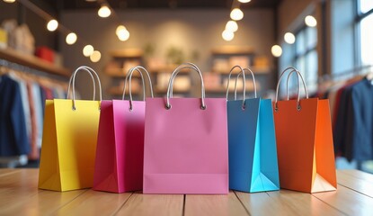Colorful shopping bags lined up on a wooden floor in a retail store