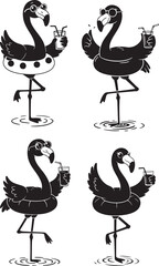 Cartoon Flamingo With Swim Ring Drinking silhouette