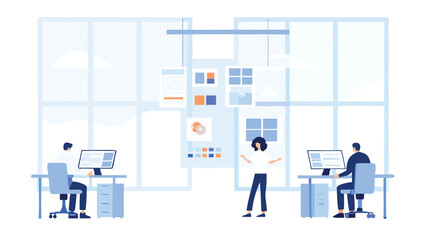 People working in a modern office with computers and a woman presenting designs on a screen wall