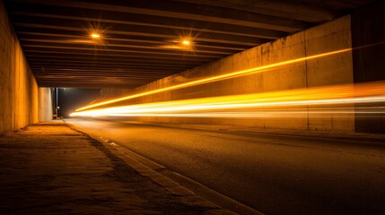 Fast motion light trails in tunnel with vanishing point perspective. Abstract concept of speed, movement, energy, urban transportation, futuristic travel and modern technology