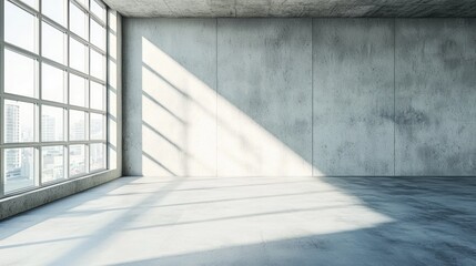 Obraz premium A spacious, modern concrete room with large windows and a concrete floor, illuminated by natural light.