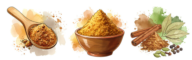 Three spice arrangements featuring a spoon, bowl, cinnamon sticks, and various leaves and peppercorns on transparent background