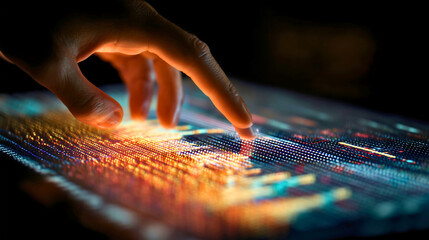 A close-up captures a hand interacting with a glowing, holographic digital interface, symbolizing the intuitive control and innovation of futuristic technology.