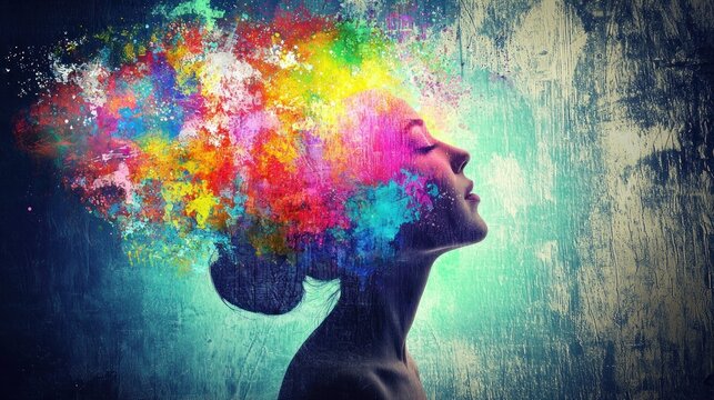A woman with colorful hair against a textured background. The image conveys a sense of creativity and artistic expression.