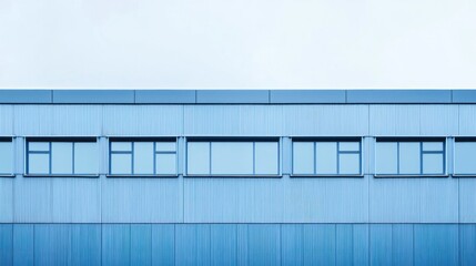 A blue building with a flat roof and a row of windows.