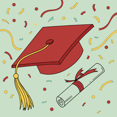 red graduation cap, diploma, confetti, colorful graduation background, graduation celebration, academic achievement, success, traditional education symbols, digital illustration
