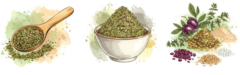 Three arrangements of herbs and spices in a wooden spoon, bowl and various piles watercolor style on transparent background