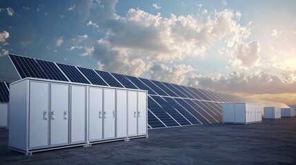 A solar panel array with a cloudy sky in the background.