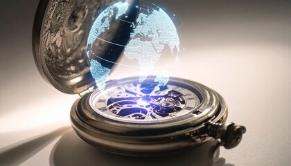 An antique pocket watch opens to reveal a glowing holographic globe. This image symbolizes the intersection of time, technology, and global connection, representing concepts like future business, inn