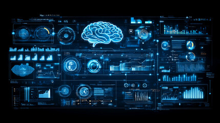 Artificial Intelligence Brain Display with Digital Charts and Data on Futuristic Interface