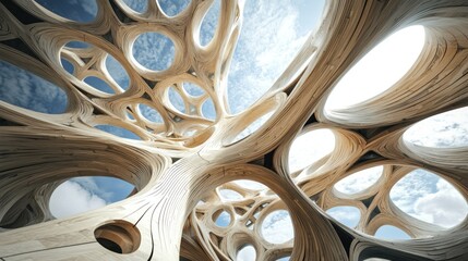 A wooden ceiling with intricate, organic patterns and large, circular openings in a building.