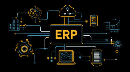 ERP software business operation. Database performance. Integration strategy. Diagram of ERP connection to central data system