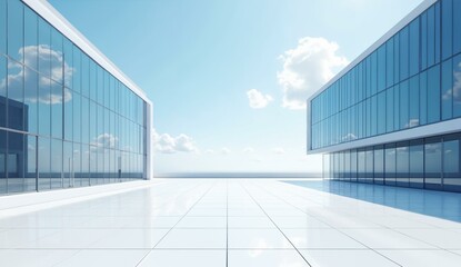 Modern Glass Buildings with Reflective Surfaces and Clear Sky