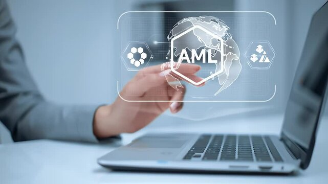 Woman Interacting with AML Technology Interface on Laptop in a Bright Business Environment With Gray Suit During Data Analysis and Global Network