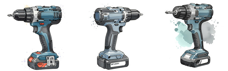 Three cordless drills in teal and gray tones displayed against a plain space with a simple design on transparent background