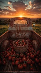Rusty pickup truck bed filled with ripe tomatoes at sunset in a rural agricultural setting