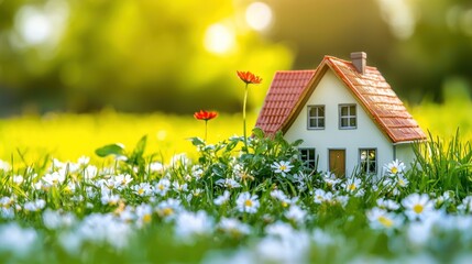 A small white house with a red roof and a chimney, surrounded by green grass and white flowers, with a blurred background of trees and sunlight.