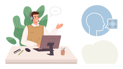 Professional on headset gesturing while working on computer, speech recognition icon. Ideal for communication, support, technology, AI, remote work, training customer interaction. Simple flat