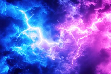 Dramatic Lightning Strikes in Colorful Sky with Vibrant Blues and Pink Hues Captivating Natural Phenomenon