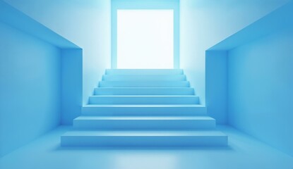 Obraz premium Ascending Staircase Leading to a Brightly Lit Doorway in a Minimalist Blue Room