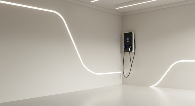charging station in the garage, minimal modern composition, unique corner or copy room, soft light,