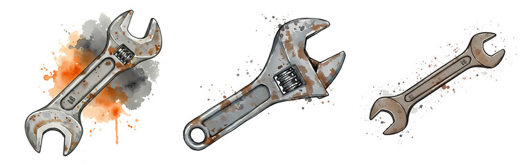 Three wrenches displayed with varying levels of wear and stylized paint splatters on a neutral plane on transparent background