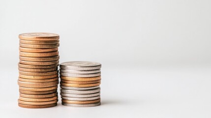 Stacked Coins in Different Heights on a Plain Background for Financial Themes