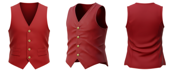 Three views of a crimson vest featuring gold buttons and a v shaped neckline on a neutral setting on transparent background
