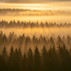 Obraz premium Misty Pine Forest Sunrisebreathtaking golden sunrise pierces through a thick layer of ethereal fog, casting a warm glow over a dense pine forest. This stunning landscape, captured with a 24mm lens at 