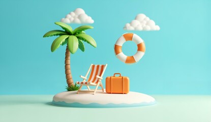 Miniature Tropical Island Scene with Palm Tree, Beach Chair, Suitcase, and Lifebuoy