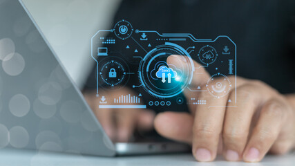 Close-up hand using laptop with SaaS cloud computing and cyber security digital interface, concept...