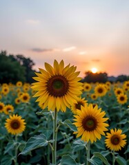 Fototapeta premium pastel sunflower field under calm dawn sky, early golden hour