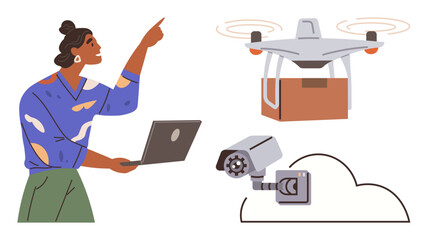 Woman holding laptop and pointing at a delivery drone, security camera, and cloud network connection. Ideal for technology, surveillance, logistics, e-commerce, innovation, digital security cloud