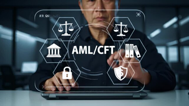 Asian Man Interacting with Virtual AML CFT Compliance Icons on Touch Screen Table in Dark Background Laptop and documents in the background
