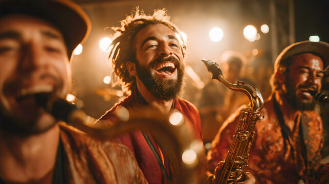 A passionate guitarist on stage is bathed in a vibrant blue spotlight, his energetic performance capturing the raw emotion and artistry of a live music concert.