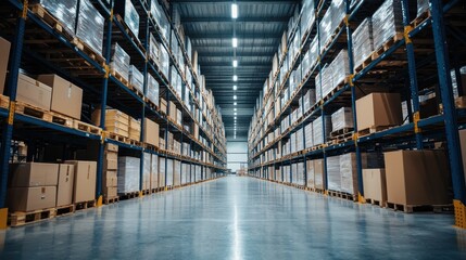 A spacious, well-lit warehouse with rows of high shelves filled with cardboard boxes and pallets.