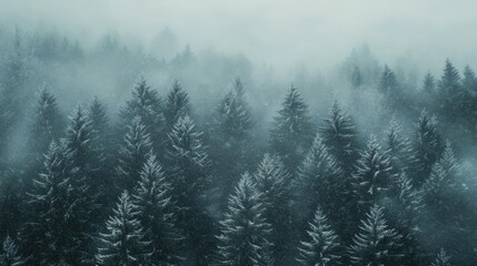Obraz premium Misty Serenity: A Winter Forest Landscape Embraced by Soft Snowfall's Gentle Touch