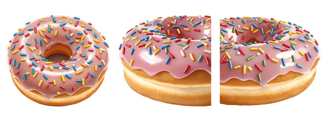 Three donuts with pink frosting and colorful sprinkles arranged side by side on a plain setting on transparent background