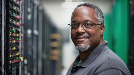 A man in a server room with servers and lights in the background.