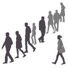 a large group of people walking silhouettes, diverse figures, various body shapes and sizes, full length, monochrome, photorealistic
