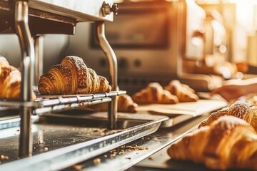 Freshly baked croissants in a bakery during the golden hour, showcasing the artisanal process and warm atmosphere