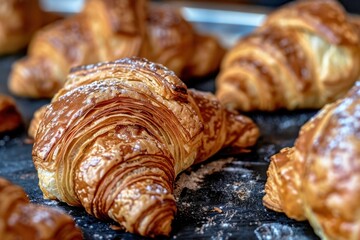 Freshly baked croissants in a bakery during the golden hour, showcasing the artisanal process and warm atmosphere
