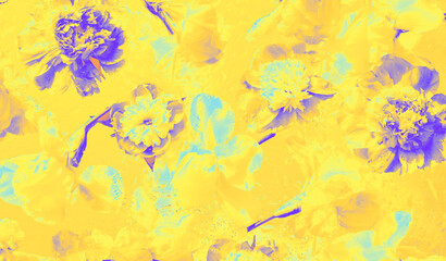 Vibrant digital flower artwork in electric yellow and violet hues. Trendy and energetic abstract floral design