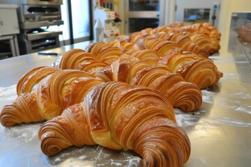 Freshly baked croissants in a bakery during the golden hour, showcasing the artisanal process and warm atmosphere