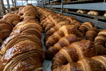 Freshly baked croissants in a bakery during the golden hour, showcasing the artisanal process and warm atmosphere
