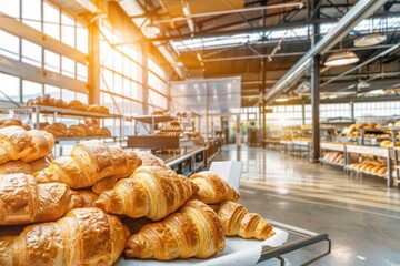 Freshly baked croissants in a bakery during the golden hour, showcasing the artisanal process and warm atmosphere